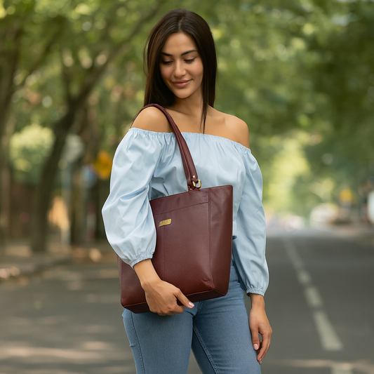 Brown Genuine Leather Tote Bag – Women’s Classic Shoulder Handbag