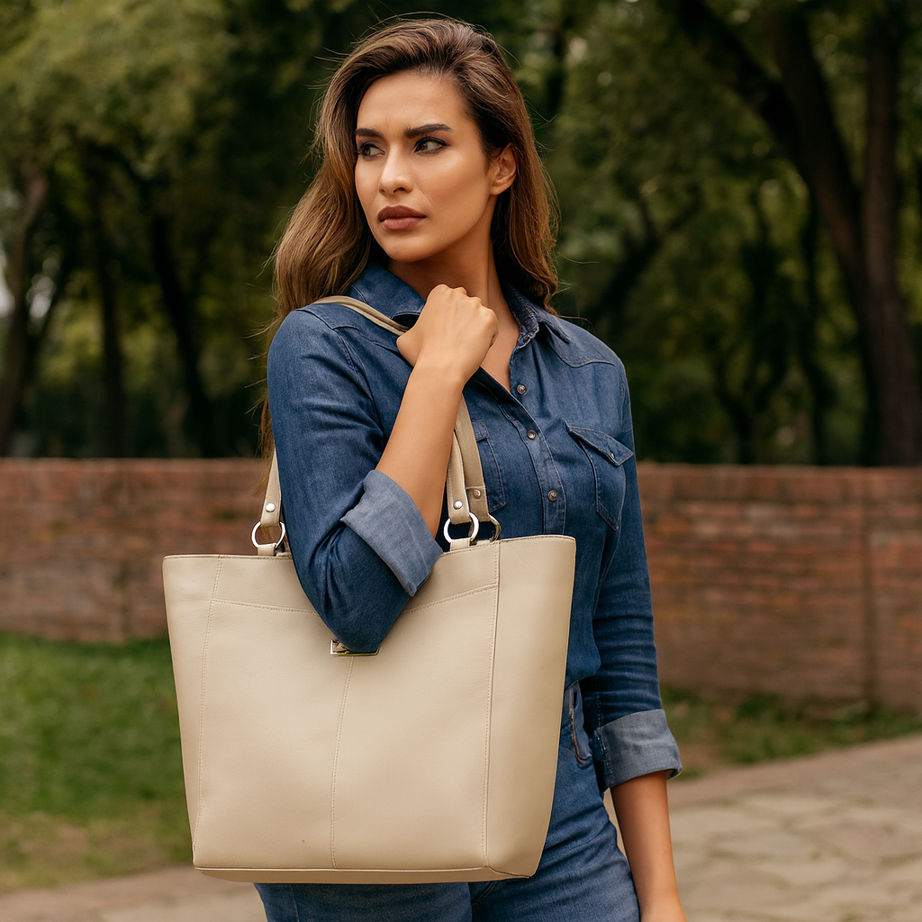 Taupe Genuine Leather Tote Shoulder Bag Wholesale for Women
