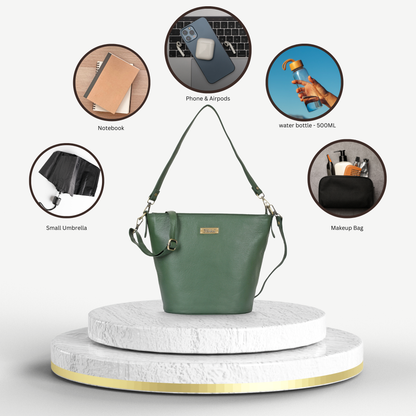 Olive Genuine Leather Bucket Hobo Bag for Women – Trendy Tote Shoulder Purse