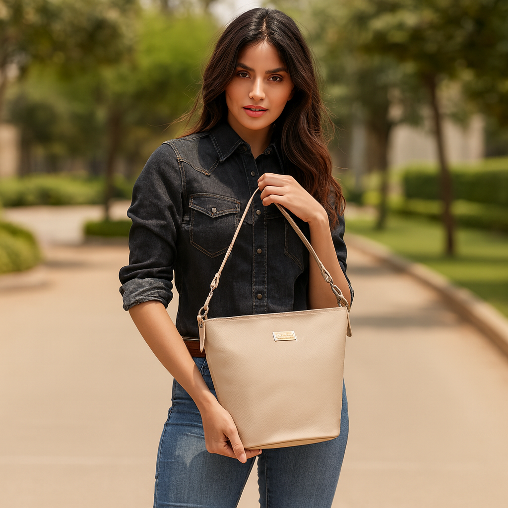 Taupe Genuine Leather Bucket Hobo Bag for Women – Elegant Shoulder Tote Purse