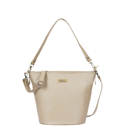 Taupe Genuine Leather Bucket Hobo Bag for Women – Elegant Shoulder Tote Purse