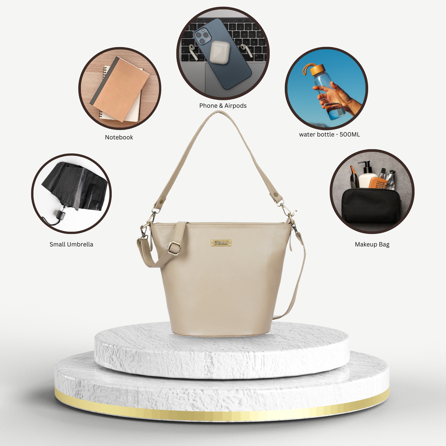 Taupe Genuine Leather Bucket Hobo Bag for Women – Elegant Shoulder Tote Purse