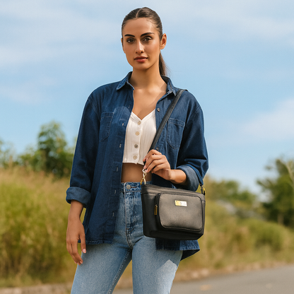 Black Genuine Leather Shoulder Handbag – Women’s Tote with Front Pocket