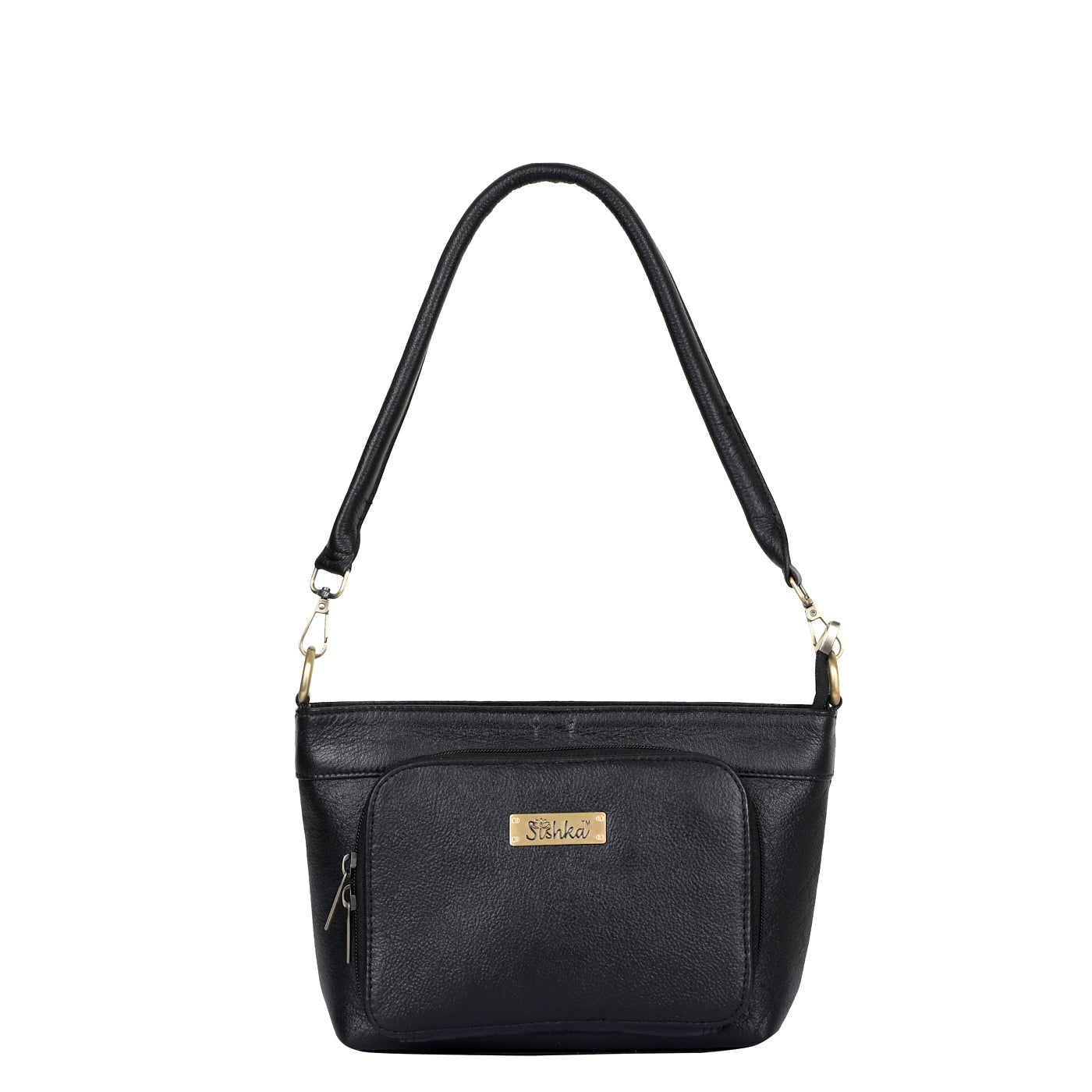 Black Genuine Leather Shoulder Handbag – Women’s Tote with Front Pocket