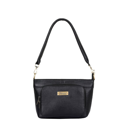 Black Genuine Leather Shoulder Handbag – Women’s Tote with Front Pocket