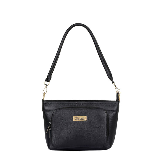 Black Genuine Leather Shoulder Handbag – Women’s Tote with Front Pocket