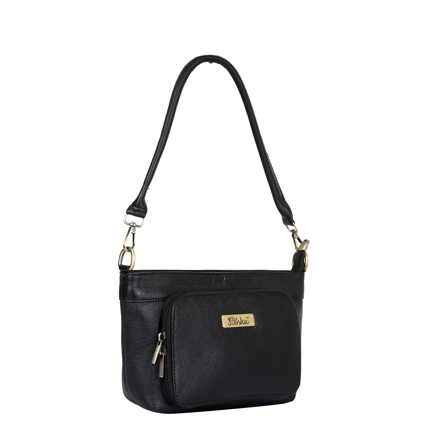 Black Genuine Leather Shoulder Handbag – Women’s Tote with Front Pocket