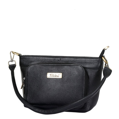 Black Genuine Leather Shoulder Handbag – Women’s Tote with Front Pocket