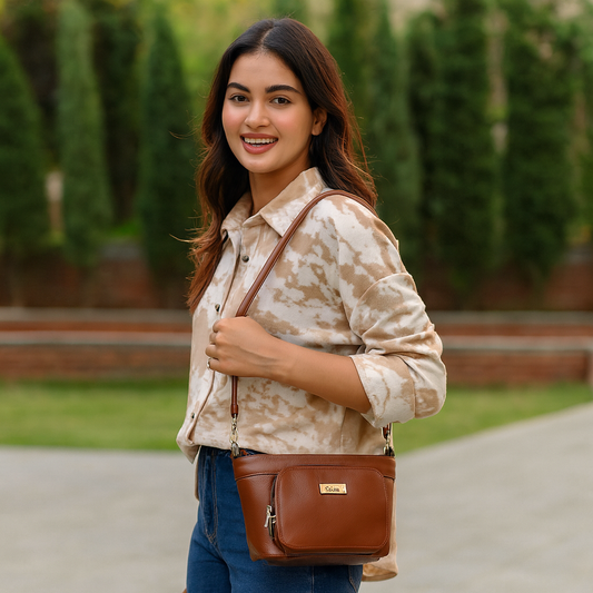 Brown Genuine Leather Shoulder Handbag – Women’s Tote with Front Pocket