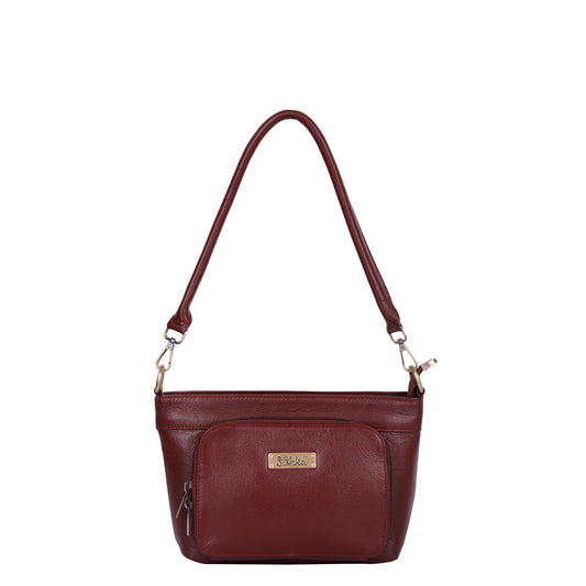 Cherry Red Genuine Leather Shoulder Handbag – Women’s Tote with Front Pocket