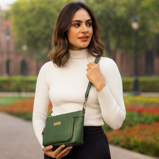 Olive Genuine Leather Shoulder Handbag – Women’s Tote with Front Pocket