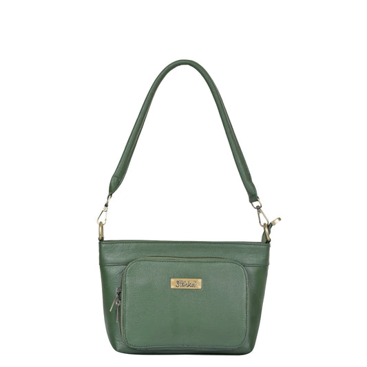 Olive Genuine Leather Shoulder Handbag – Women’s Tote with Front Pocket