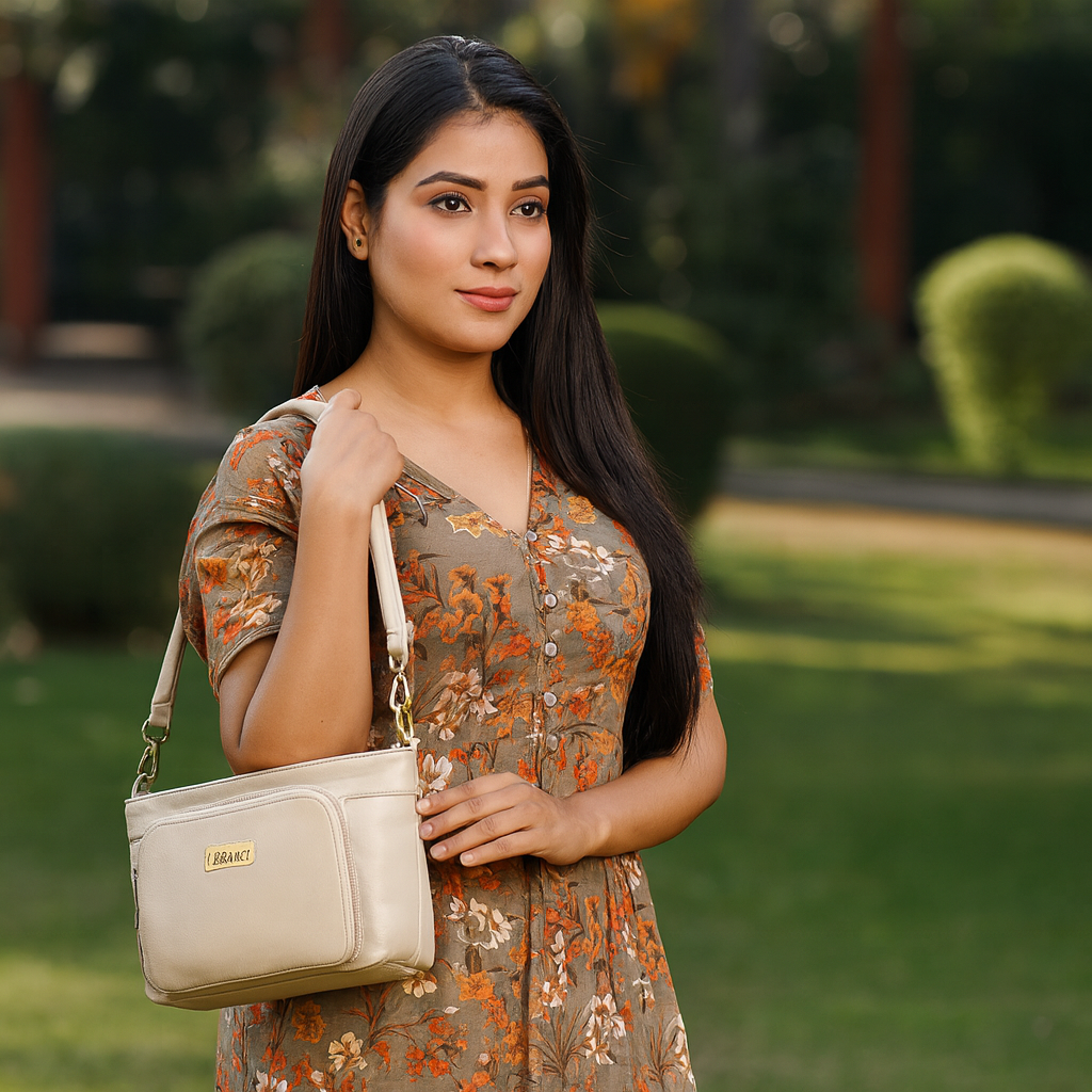 Taupe Genuine Leather Shoulder Handbag – Women’s Tote with Front Pocket