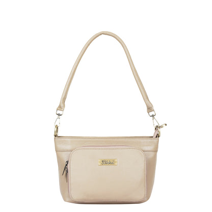 Taupe Genuine Leather Shoulder Handbag – Women’s Tote with Front Pocket