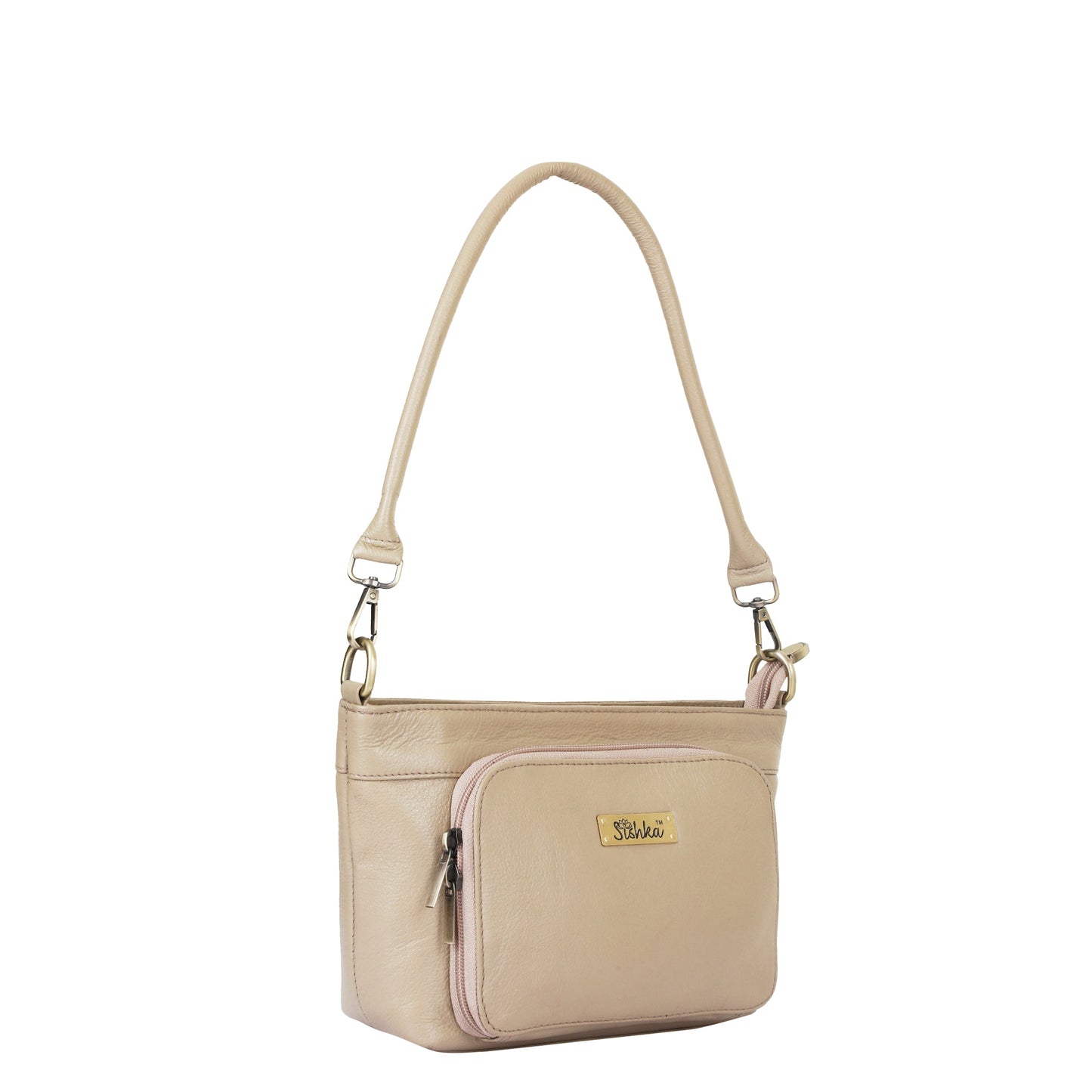 Taupe Genuine Leather Shoulder Handbag – Women’s Tote with Front Pocket