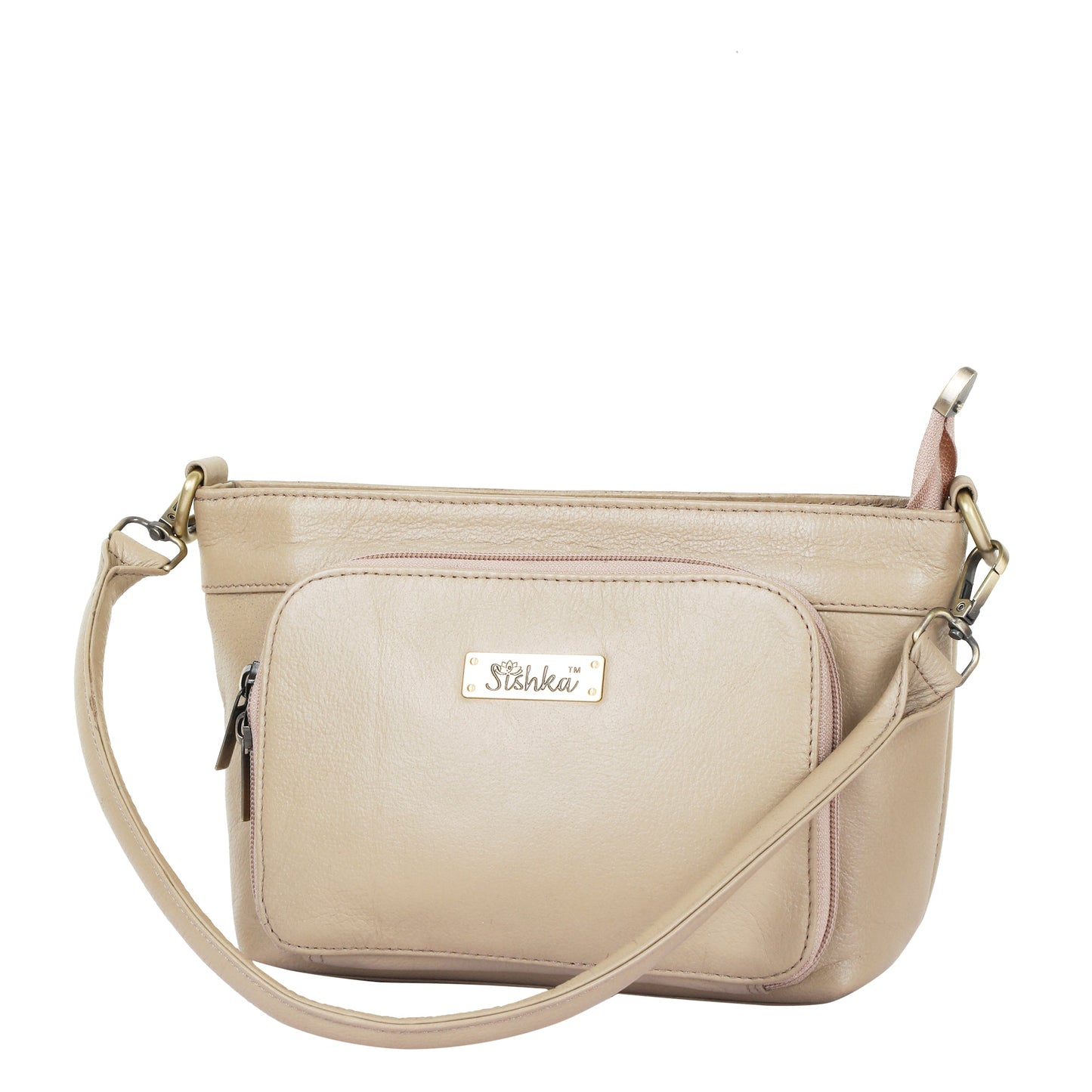 Taupe Genuine Leather Shoulder Handbag – Women’s Tote with Front Pocket