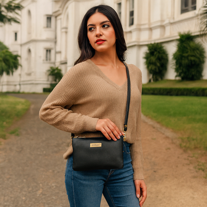 Black Genuine Leather Crossbody Organizer Bag for Women – Sleek Crossover Purse