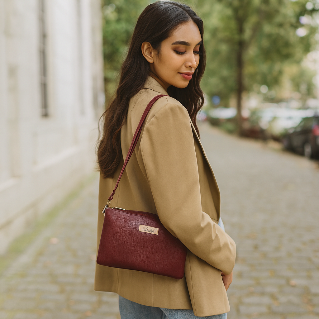 Cherry Red Genuine Leather Crossbody Organizer Bag for Women – Sleek Crossover Shoulder Purse
