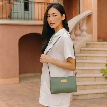 Olive Genuine Leather Crossover Shoulder Bag for Women – Crossbody Organizer Purse