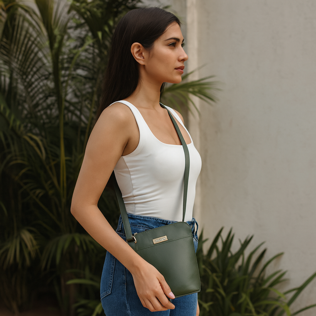Olive Green Genuine Leather Crossbody Sling Bag – Women’s Shoulder Purse