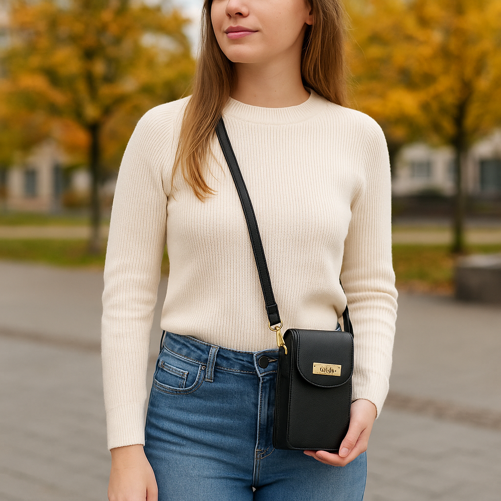 Black Genuine Leather Mobile Crossbody Bag – Women’s Phone Purse