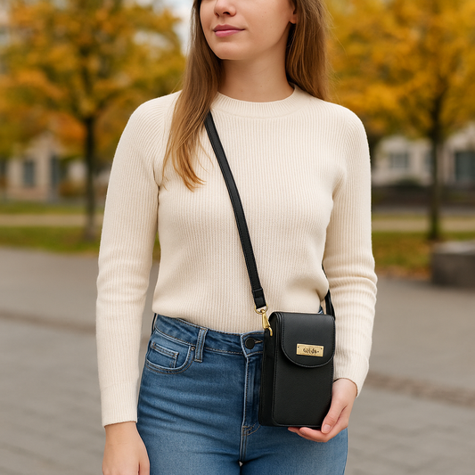 Black Genuine Leather Mobile Crossbody Bag – Women’s Phone Purse