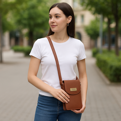 Brown Genuine Leather Mobile Crossbody Bag – Women’s Phone Purse