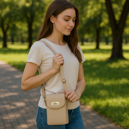 Taupe Genuine Leather Mobile Crossbody Bag – Women’s Phone Purse