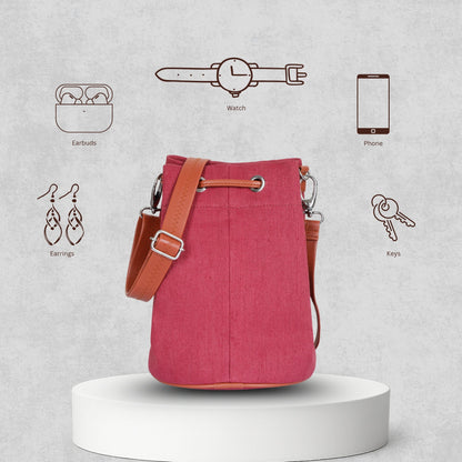 Wholesale  Pink Fabric Bucket Crossbody Sling bag  with Vegan Leather