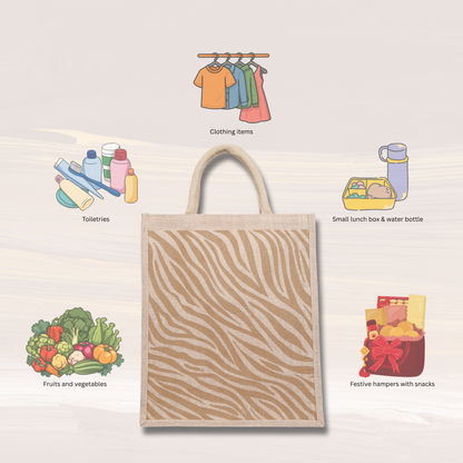 Eco-Friendly zebra-inspired pattern Natural Jute Tote Bag – Printed Reusable Bag for Shopping, Groceries, Travel, Beach, and Everyday Use