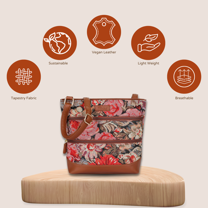 Floral Tapestry Crossbody Sling Bag – Women’s Shoulder & Messenger Purse with Vegan Leather Trim