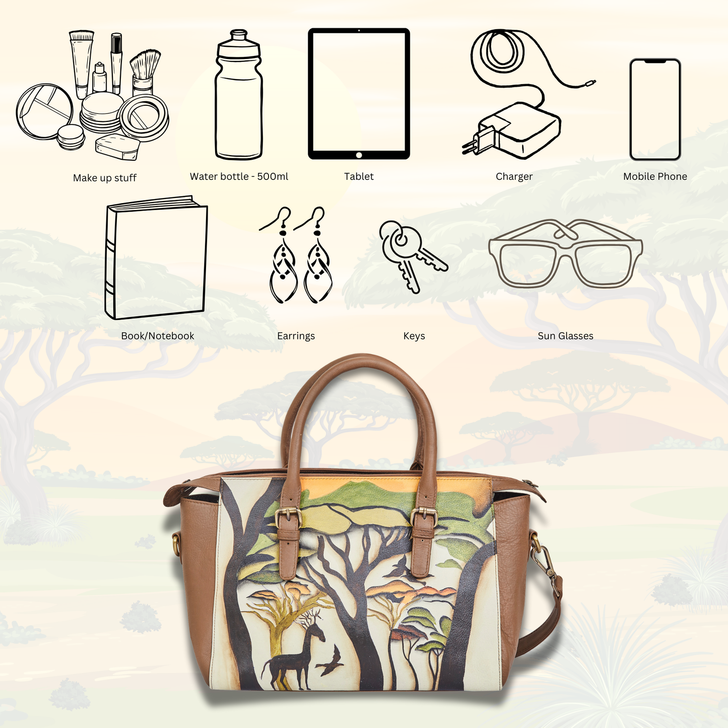 Hand-Painted Leather Satchel – Brown Shoulder Purse with Wild Art