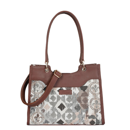 Women’s Abstract Tapestry Satchel – Handcrafted Leather-Trimmed Shoulder & Crossbody Handbag