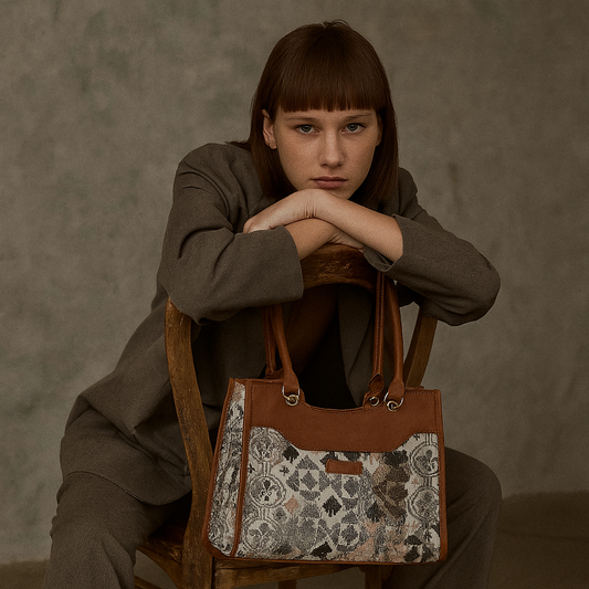 Women’s Abstract Tapestry Satchel – Handcrafted Leather-Trimmed Shoulder & Crossbody Handbag
