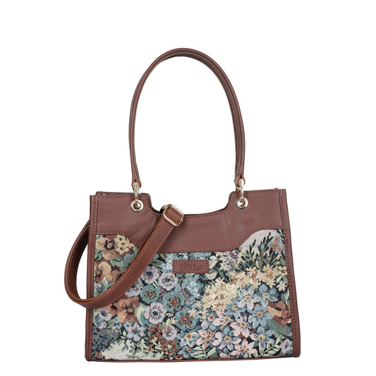 Women’s Botanical Tapestry Satchel Bag – Leather-Trimmed Handbag, Crossbody & Shoulder Purse
