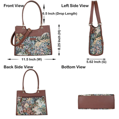 Women’s Botanical Tapestry Satchel Bag – Leather-Trimmed Handbag, Crossbody & Shoulder Purse