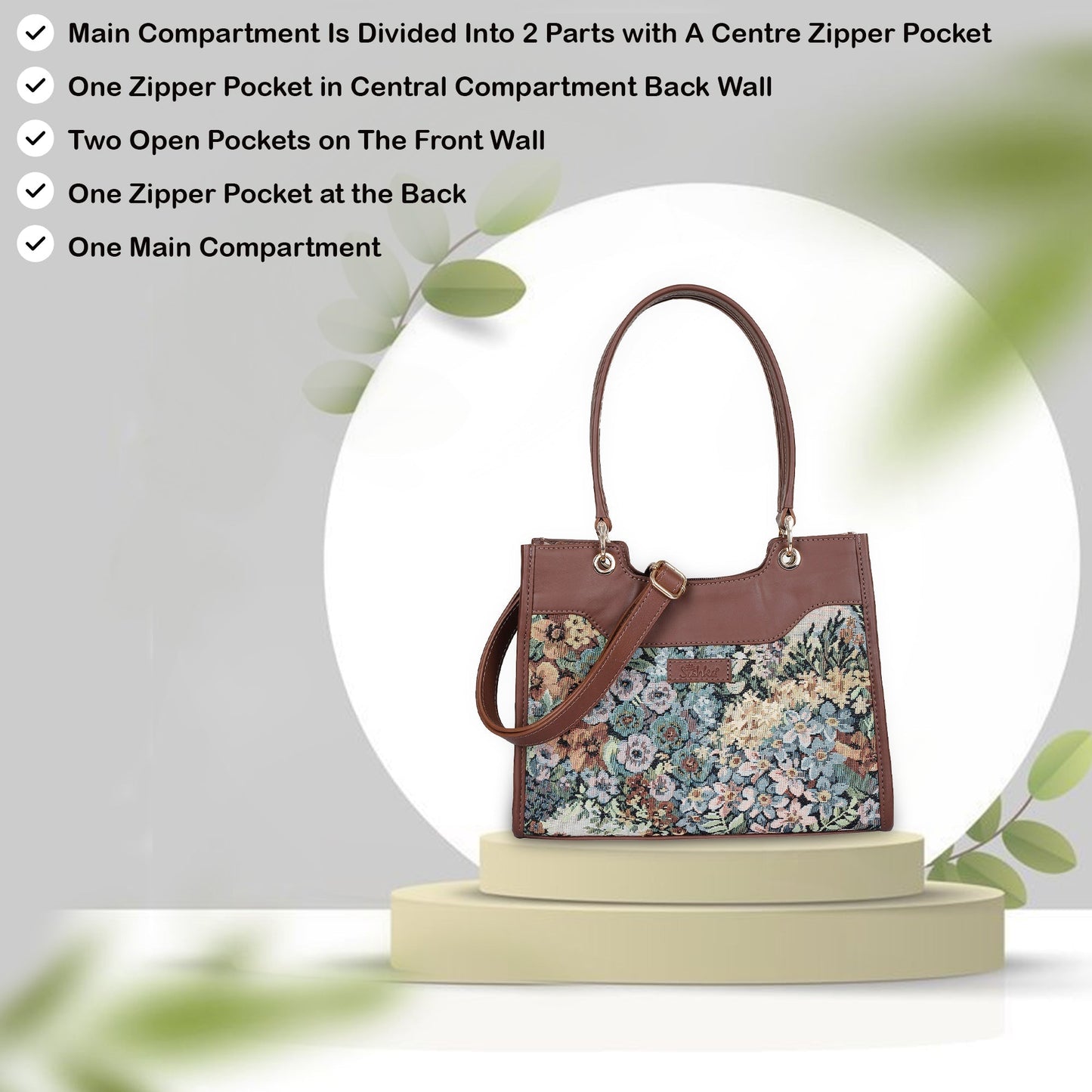 Women’s Botanical Tapestry Satchel Bag – Leather-Trimmed Handbag, Crossbody & Shoulder Purse