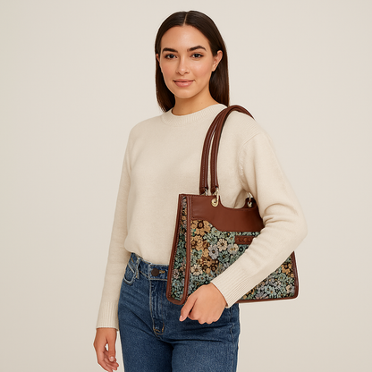 Women’s Botanical Tapestry Satchel Bag – Leather-Trimmed Handbag, Crossbody & Shoulder Purse