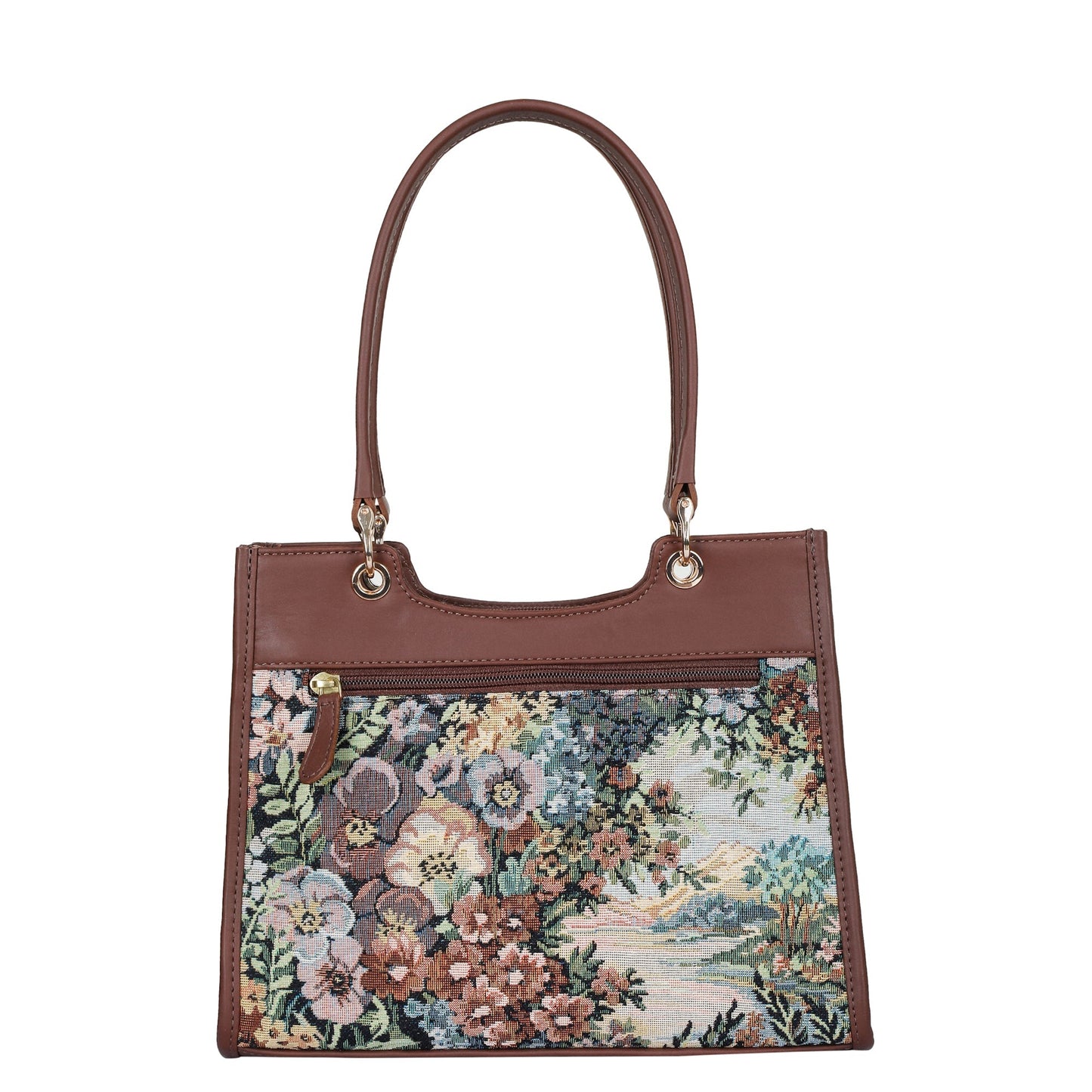 Women’s Botanical Tapestry Satchel Bag – Leather-Trimmed Handbag, Crossbody & Shoulder Purse
