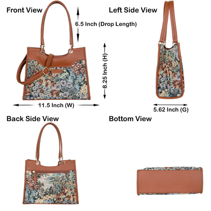 Wholesale Women Botanical Tapestry Satchel Bag – Vegan Leather Trimmed Handbag, Crossbody & Shoulder Purse