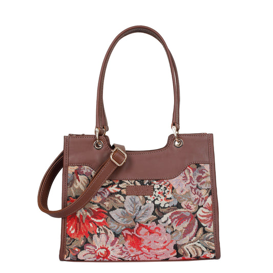 Women’s Floral Tapestry Satchel & Crossbody Bag – Leather-Trimmed Shoulder Purse with Top Handle