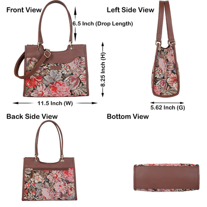 Women’s Floral Tapestry Satchel & Crossbody Bag – Leather-Trimmed Shoulder Purse with Top Handle