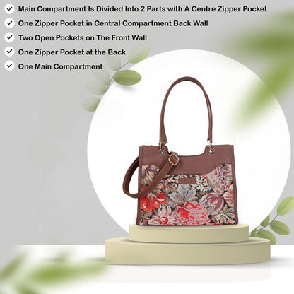 Women’s Floral Tapestry Satchel & Crossbody Bag – Leather-Trimmed Shoulder Purse with Top Handle
