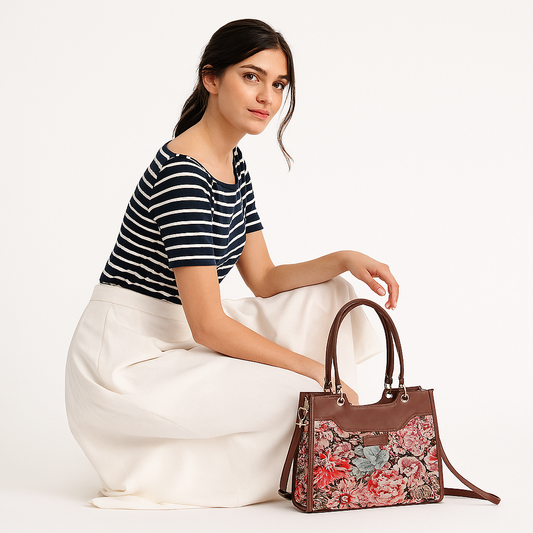 Women’s Floral Tapestry Satchel & Crossbody Bag – Leather-Trimmed Shoulder Purse with Top Handle