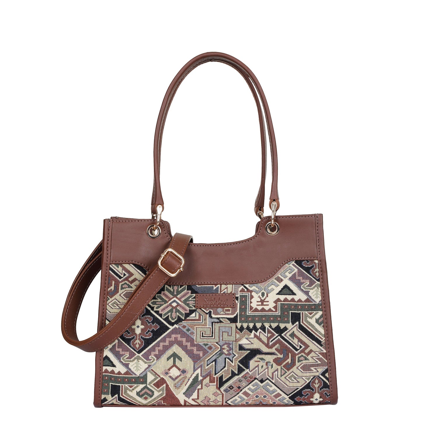 Women’s geometric tapestry top‑handle satchel with leather trim for daily, office, travel, and everyday use