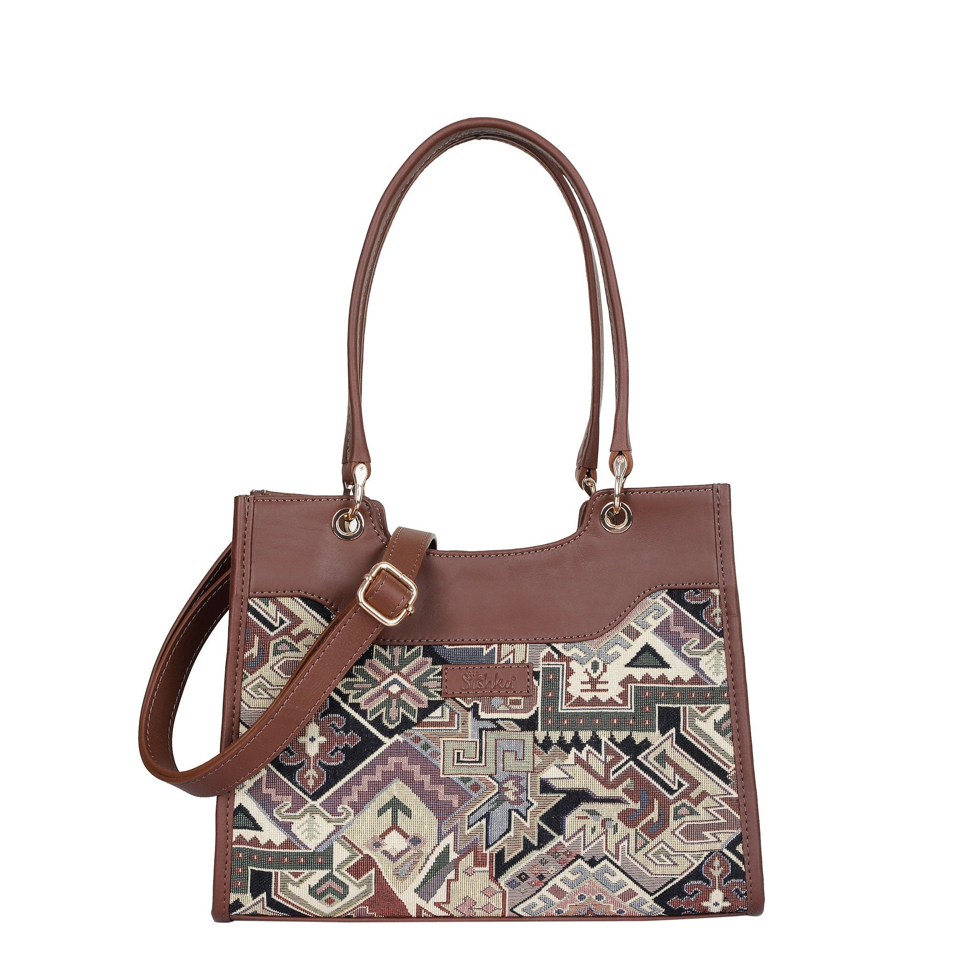 Women’s geometric tapestry top‑handle satchel with leather trim for daily, office, travel, and everyday use
