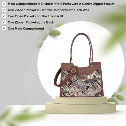 Women’s Geometric Tapestry Satchel & Crossbody Bag – Leather‑Trimmed Shoulder and Hand Purse