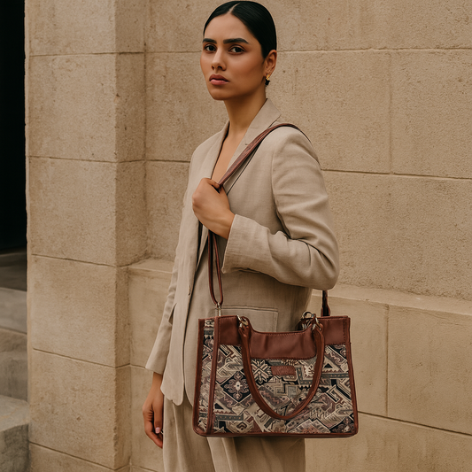Women’s Geometric Tapestry Satchel & Crossbody Bag – Leather-Trimmed Hand & Shoulder Purse