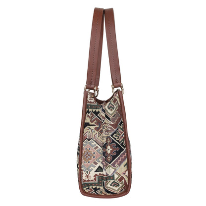 Women’s Geometric Tapestry Satchel & Crossbody Bag – Leather‑Trimmed Shoulder and Hand Purse