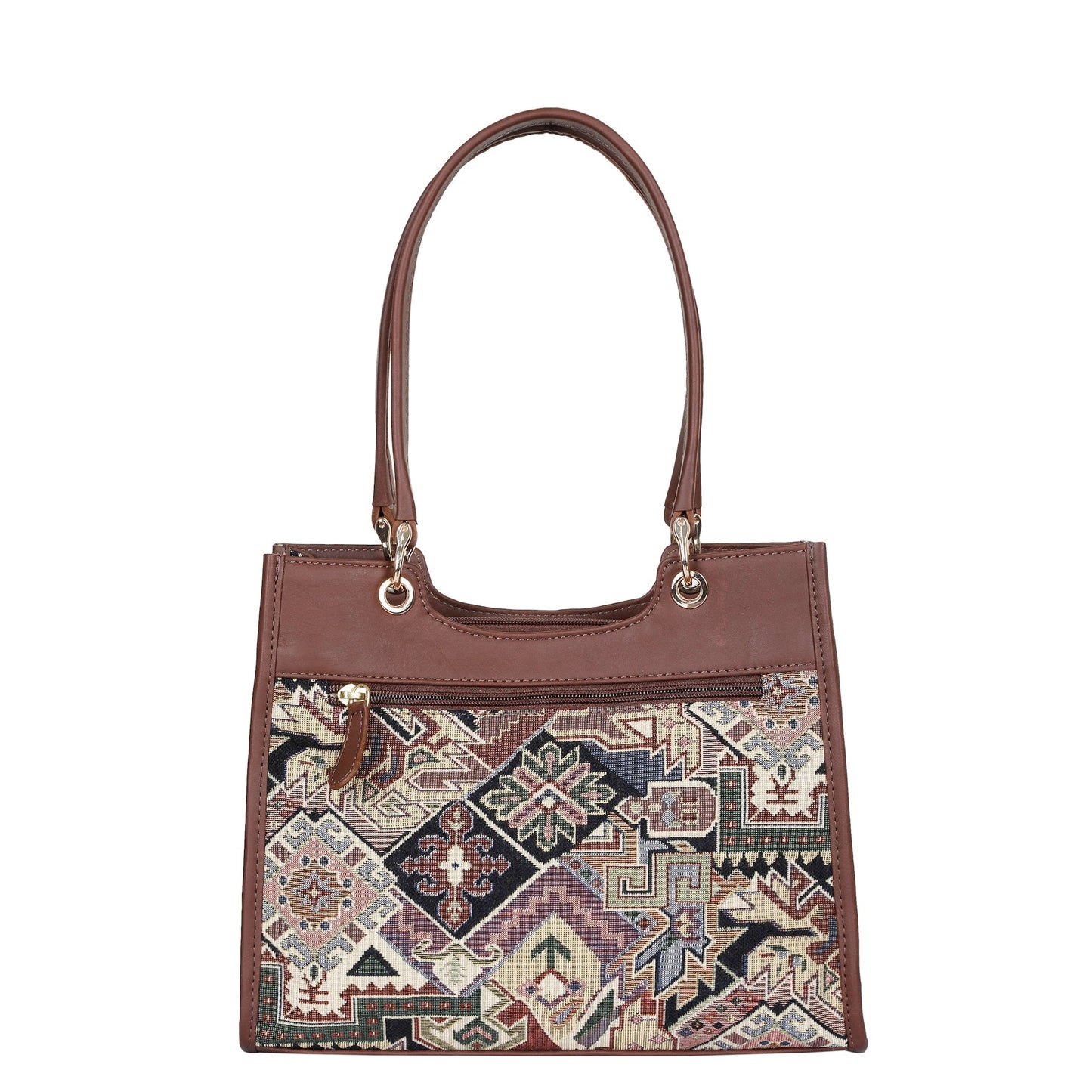 Women’s Geometric Tapestry Satchel & Crossbody Bag – Leather‑Trimmed Shoulder and Hand Purse